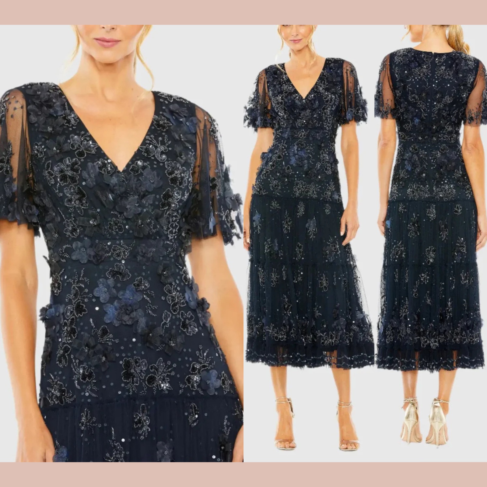 New Mac Duggal [ 12 ] 9207 Floral Embellished Flutter Sleeve Tiered Dress S2026